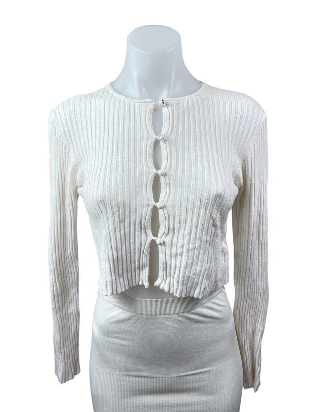 Urban Outfitters White Ribbed Knit Long Sleeve Button Down Sweater Crop Top Sz L